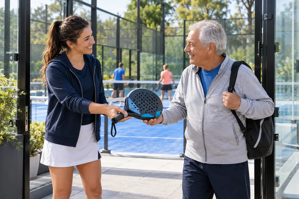 Scène illustrative d'un bénévole accueillant un débutant au padel